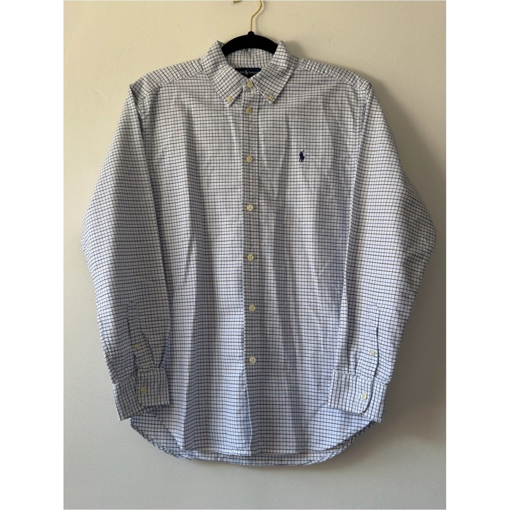 Ralph Lauren Mens Blue White Tattersall Check Button Down Shirt Size 18 Cotton